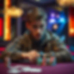 A 30-year-old man contemplating a career in professional poker, looking concerned as he sits at a table with poker chips and cards.