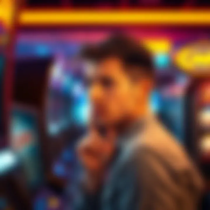 Man looking thoughtful in front of a poker machine A young man in Sydney contemplating his gambling habits while staring at a poker machine