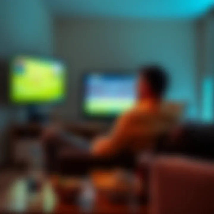 A man sitting on a couch, watching a football game on TV with a concerned look, reflecting on the temptation to bet, surrounded by snacks and drinks.