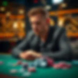 A man sitting at a table with poker chips and cards, deep in thought about his career choices between poker and a regular job.