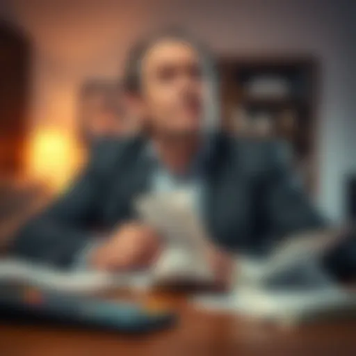 A 55-year-old man with a distressed expression, sitting at a table with bills and a calculator, reflecting on his gambling debts.