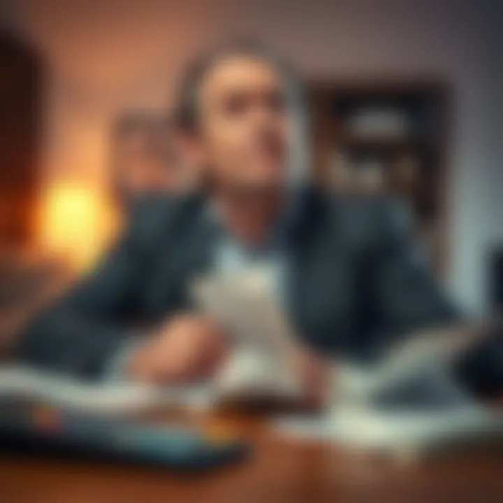 A 55-year-old man with a distressed expression, sitting at a table with bills and a calculator, reflecting on his gambling debts.