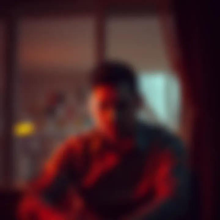 Man sitting in a dimly lit room with a worried expression A man looks distressed and anxious as he prepares to talk to his wife about his gambling debt.