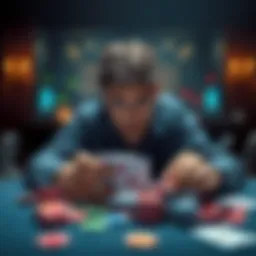 A man sitting at a table, looking distressed, with scattered gambling chips and a poker card in front of him.