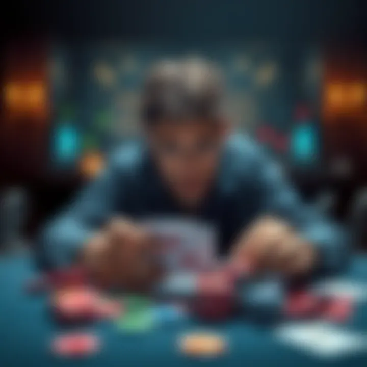 A man sitting at a table, looking distressed, with scattered gambling chips and a poker card in front of him.