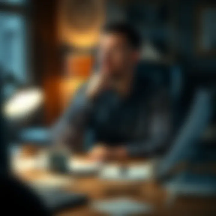A thoughtful man sitting at a desk, contemplating his decision to take a break, with papers and a coffee cup around him.