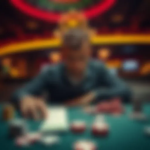 A man with a distressed expression sitting at a casino table surrounded by empty chips and a losing betting slip