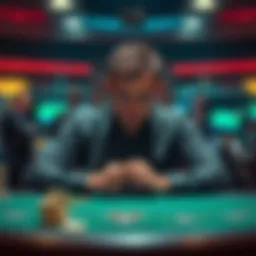 A worried man sitting at a poker table, looking frustrated after losing money.