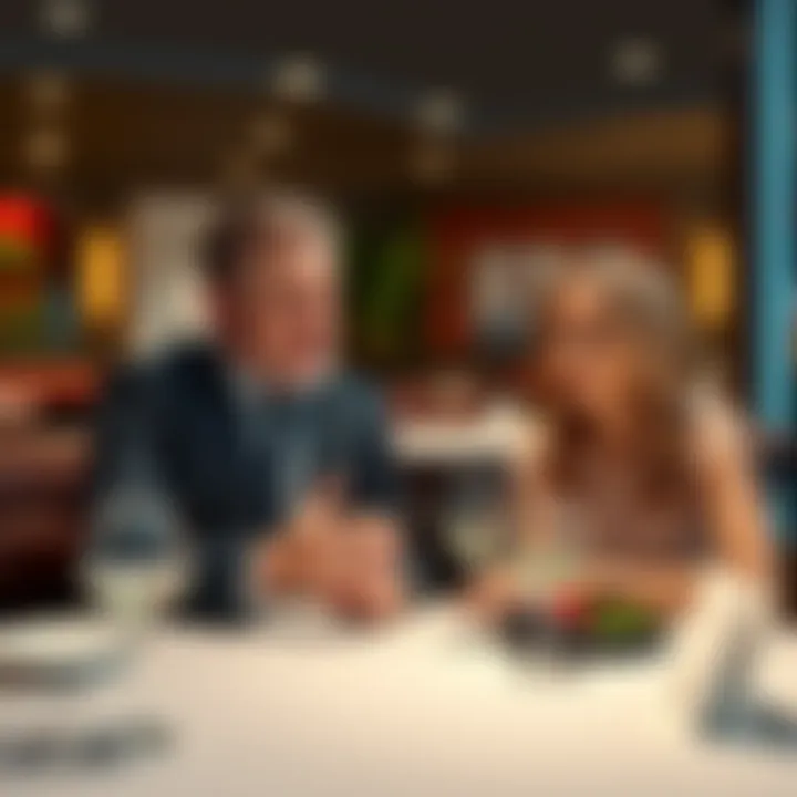 A man shows his Baccarat strategy to his wife at a table in a restaurant, looking hopeful about improving their finances.
