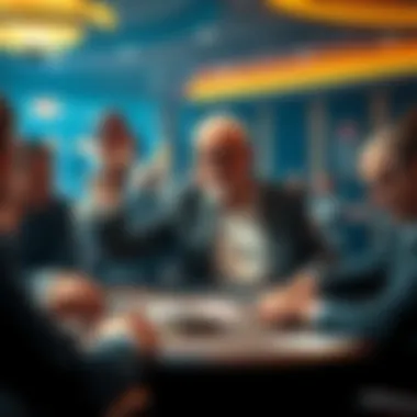 Man calling clock at poker table An older man raising his hand to call clock during a poker game in MGM NH, with players reacting around him.