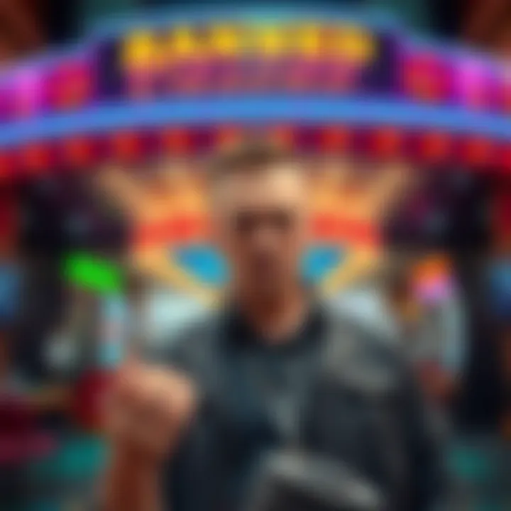 A man standing outside a casino in Chicago with a worried expression, contemplating his ban, while holding a casino chip in his hand.