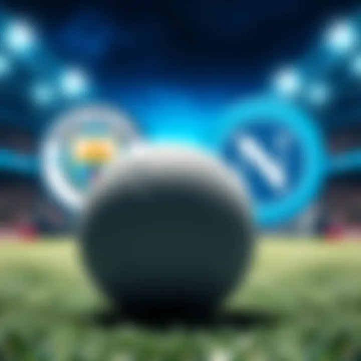 A soccer ball on a pitch with the logos of Manchester City and Napoli in the background
