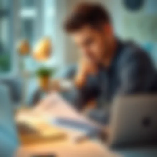 A 32-year-old man looking thoughtful while sitting at a desk surrounded by financial papers and a laptop, symbolizing his journey from gambling loss to a new career in Supply Chain Management.
