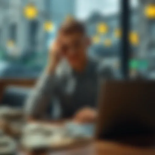 A young man sitting at a table looking worried, surrounded by bills and a laptop, symbolizing his battle with gambling and financial crisis.