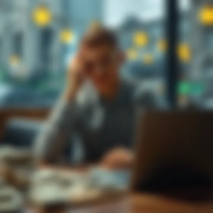 A young man sitting at a table looking worried, surrounded by bills and a laptop, symbolizing his battle with gambling and financial crisis.