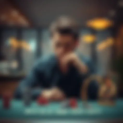 A man sits at a table looking pensive, with a stack of chips on one side and a picture of his partner on the other side, symbolizing his dilemma between love and gambling.