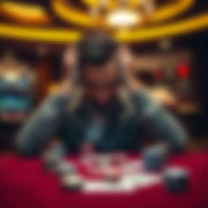 Man sitting at a casino table looking distressed A man holds his head in despair at a casino table, surrounded by gambling chips and cards, representing the struggle with gambling addiction.