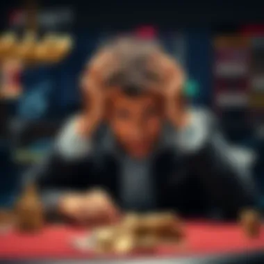 Man looking distressed after gambling loss A man with a worried expression sits at a table, holding his head in his hands, representing the stress and despair of losing money through gambling.