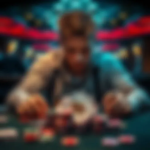 Man looking distressed after gambling loss A man sits at a table, looking down with a distressed expression, surrounded by cards and chips symbolizing gambling loss.