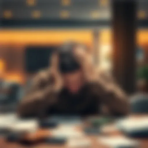 Man looking distressed over lost money A worried man sits at a table with his head in his hands, surrounded by papers and empty wallets, illustrating the loss of 7,000 Euro from gambling.