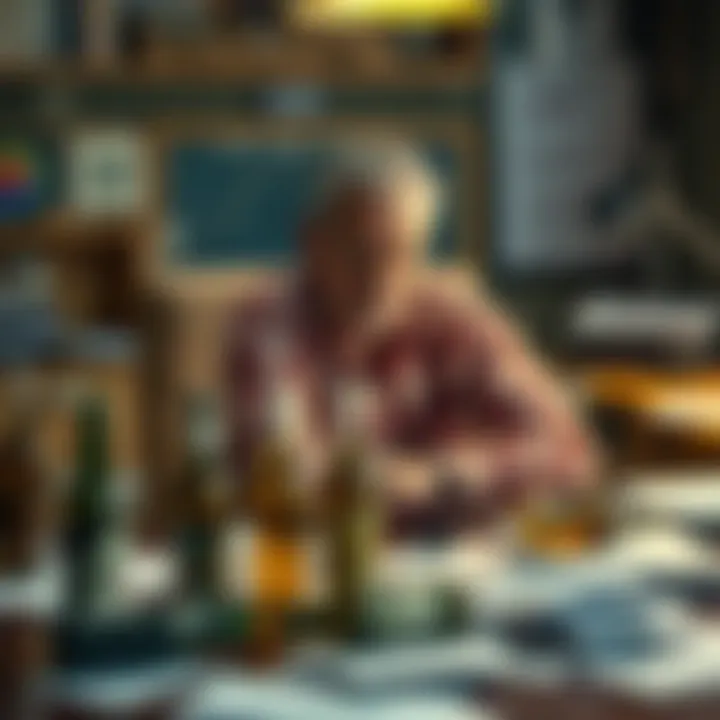 A 48-year-old man sits at a desk with empty beer bottles and papers scattered around, looking distressed over his financial losses.