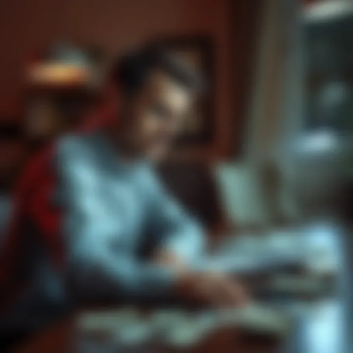 A man sitting at a table with scattered bills and receipts, looking worried as he reflects on his gambling addiction and its impact on his life.