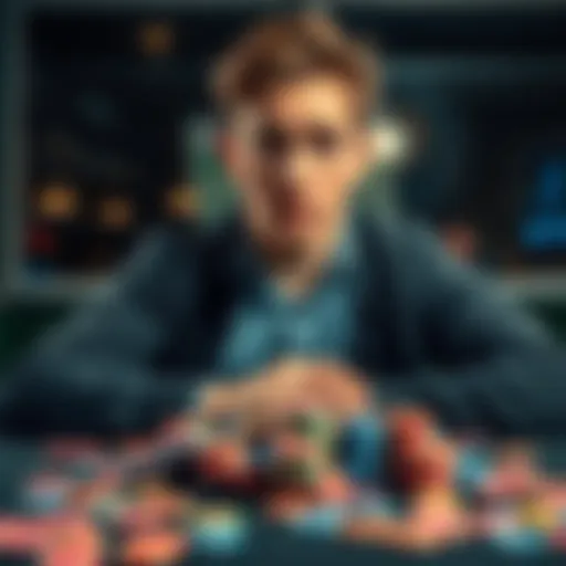A young man looks devastated at a table covered with gambling chips, symbolizing lost dreams and financial struggles.