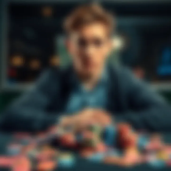 A young man looks devastated at a table covered with gambling chips, symbolizing lost dreams and financial struggles.