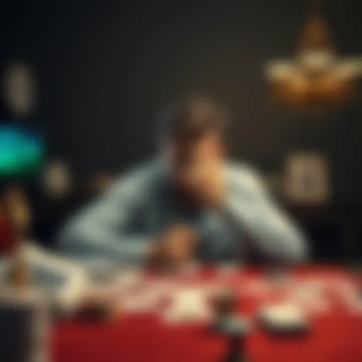 A Portuguese man sits at a table looking stressed with bills scattered around and a game of cards in front of him, pondering whether to take a loan.