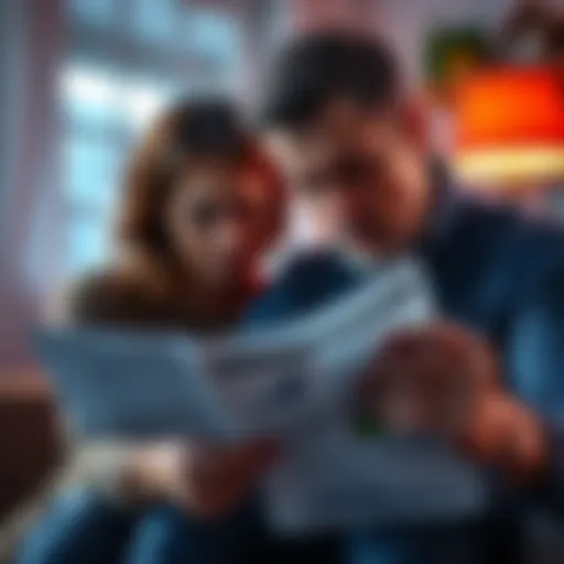 Man hiding from family A worried woman looking at a bank statement while her husband sits in the background with a distressed expression, symbolizing hidden gambling issues.