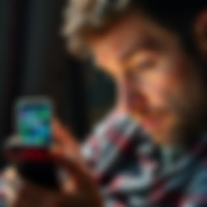 Man looks at phone with concern A worried man examining his wife's phone, with gambling apps visible on the screen, reflecting his anxiety about hidden debts.