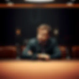 A man sitting alone at a table with a worried expression, reflecting on his struggles with gambling addiction and debt, surrounded by empty chairs and a dimly lit room.