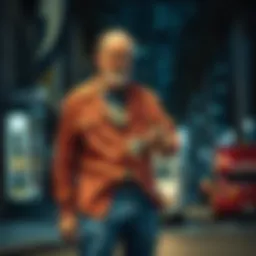 A man in a worn-out shirt and jeans, standing on a street in Los Angeles, appears troubled with bills in hand.