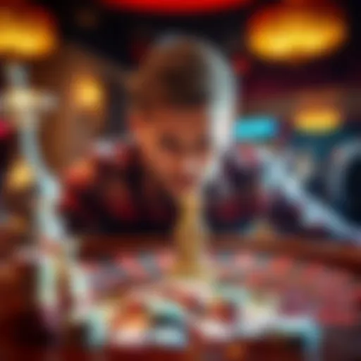 A young man looks distressed at a roulette table with chips scattered around him, symbolizing a heavy loss in gambling.