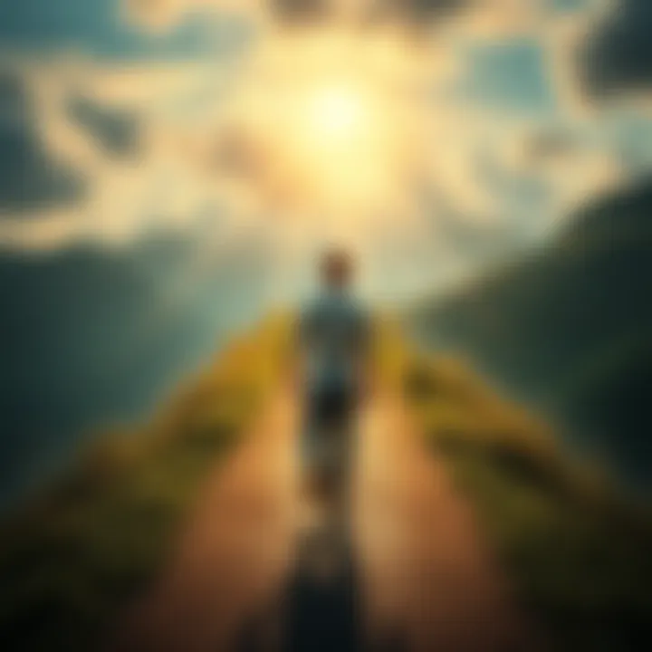 A determined man walking on a path towards a bright future, leaving gambling behind.