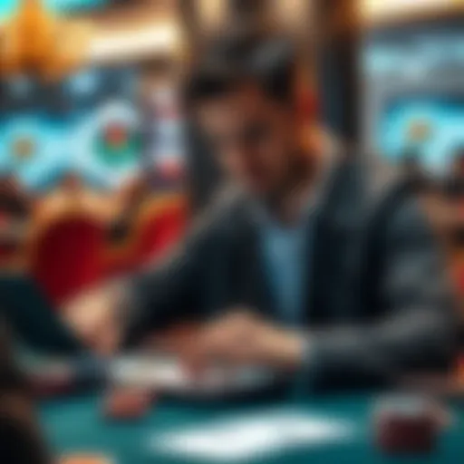 A man at a casino table with poker chips and cards, using a digital device to analyze AI strategies for poker and blackjack.