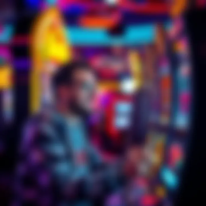 A person engaged in playing a slot machine with excitement and focus, surrounded by vibrant casino lights and sounds.