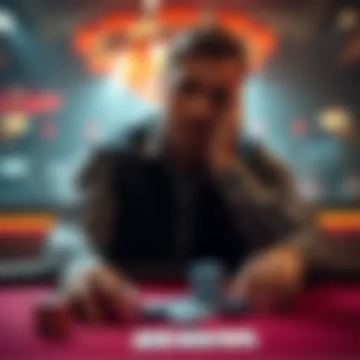 A man looking stressed at a poker table, reflecting on his gambling losses and past winnings.