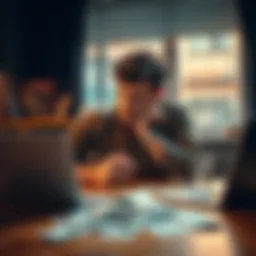 Man reflecting on financial struggles A man sits at a table looking stressed, surrounded by bills and a laptop, symbolizing his battle with gambling debts.