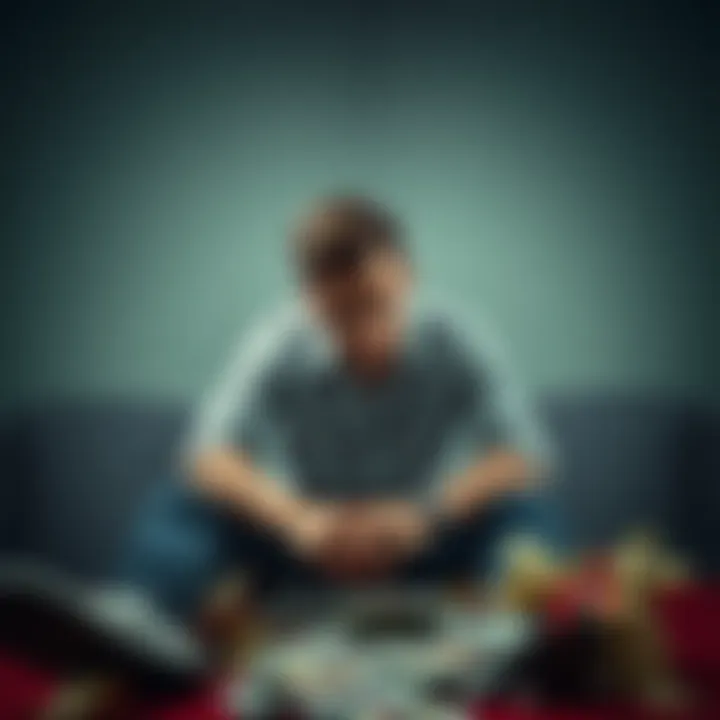 A young man sitting alone, looking worried and contemplative, with bills scattered around him, symbolizing his struggle with gambling addiction