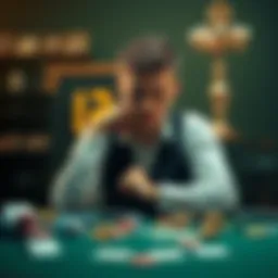 Man reflecting on gambling addiction A young man sitting alone at a table with a thoughtful expression, surrounded by gambling-related items like cards and chips, illustrating his struggle with gambling addiction.