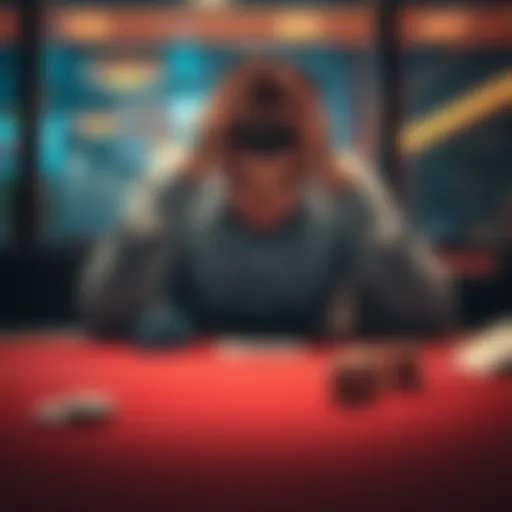 A man sitting alone at a table with his head in his hands, showing signs of despair over his gambling addiction.