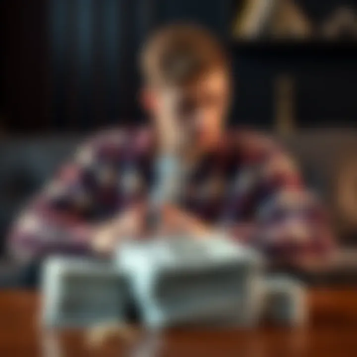 A young man sitting on a couch, looking pensive with a stack of unpaid bills on the table, symbolizing financial struggles after gambling.