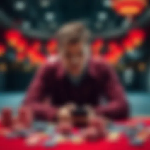 A 40-year-old man sitting alone with a thoughtful expression, surrounded by empty casino chips and a mobile phone, symbolizing his struggles with gambling addiction.