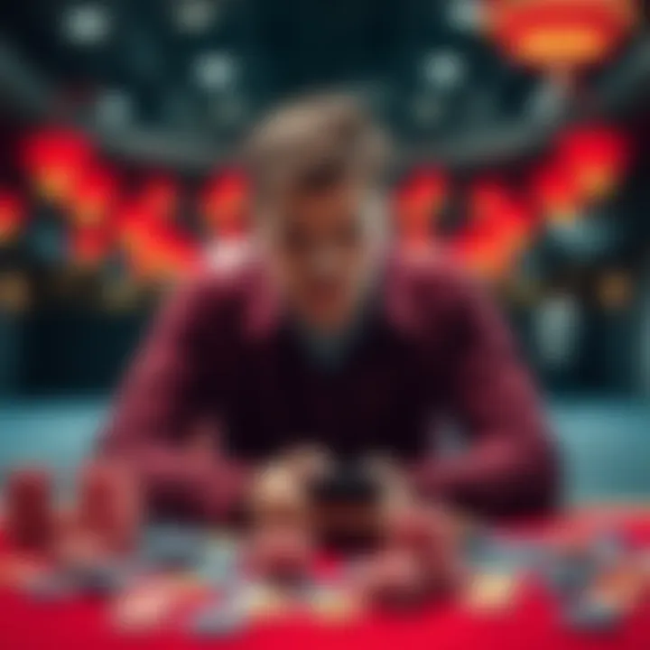 Man reflecting on life choices A 40-year-old man sitting alone with a thoughtful expression, surrounded by empty casino chips and a mobile phone, symbolizing his struggles with gambling addiction.