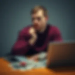 Man Reflecting on Gambling A man sitting alone at a table with a worried expression, surrounded by unpaid bills and a laptop, symbolizing the struggle with gambling addiction and financial issues.