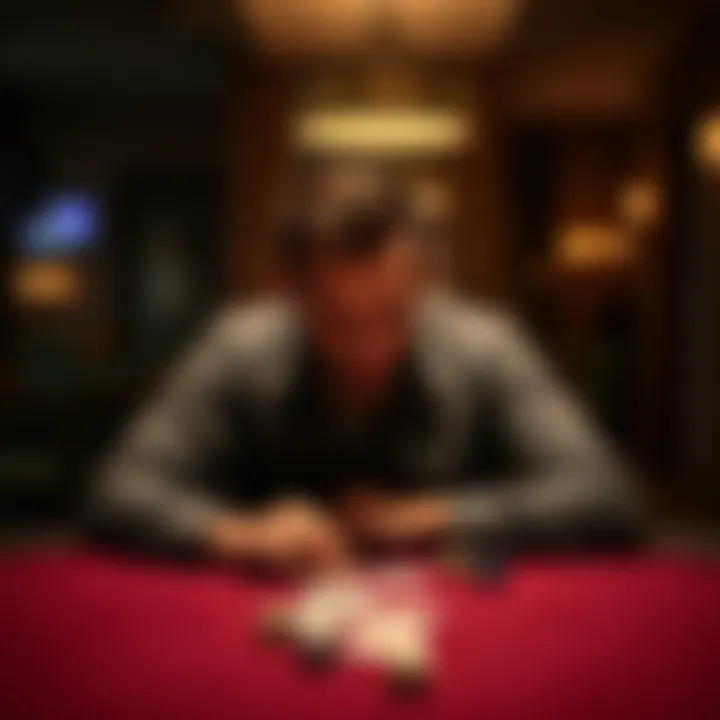 A man in his 30s sitting alone at a table with playing cards and dice, looking thoughtful and worried, symbolizing struggles with gambling addiction.