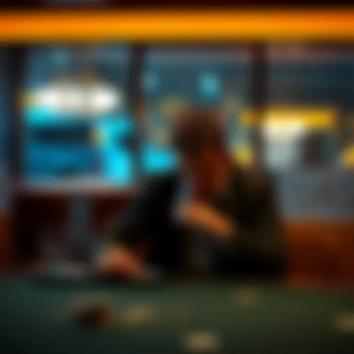 Man Reflecting on Gambling Addiction A man sitting alone at a table, looking down with a thoughtful expression, symbolizing his struggle with gambling addiction and its impact on his marriage.