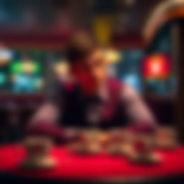 A young man sitting alone at a table, looking concerned and deep in thought about his gambling losses, with empty coffee cups around him.