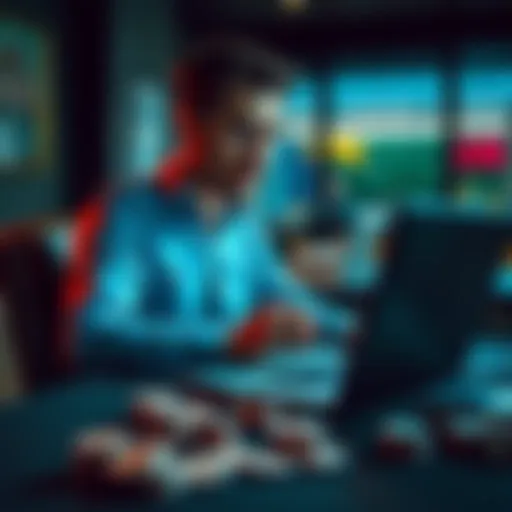 A 28-year-old man sitting at a desk, looking pensive with a laptop open and scattered poker chips around, representing his struggles with online gambling.